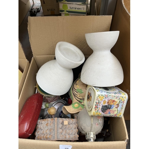 636 - Four boxes containing assorted items to include mid 20th century mantle clock, treenware, vintage me... 