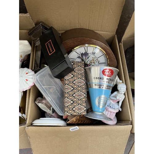 636 - Four boxes containing assorted items to include mid 20th century mantle clock, treenware, vintage me... 