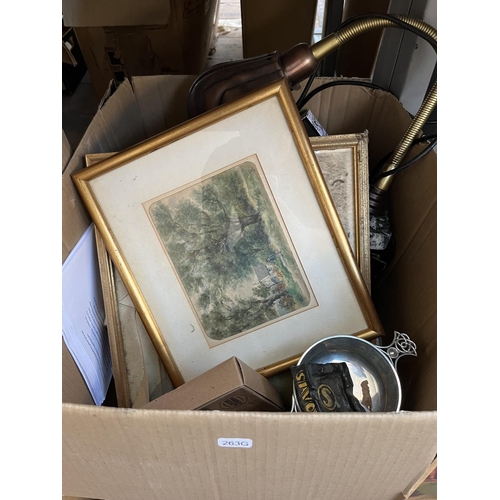 638 - Six boxes containing a large collection of assorted items to include framed advertising print, vinta... 