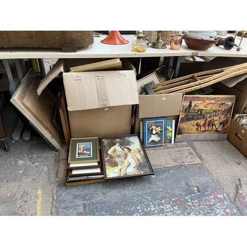 638 - Six boxes containing a large collection of assorted items to include framed advertising print, vinta... 