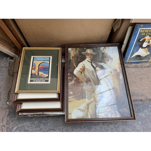 638 - Six boxes containing a large collection of assorted items to include framed advertising print, vinta... 