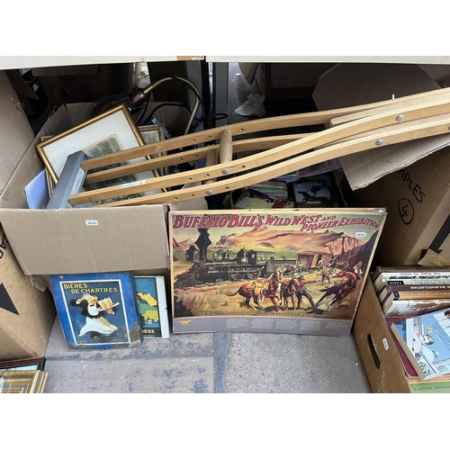 638 - Six boxes containing a large collection of assorted items to include framed advertising print, vinta... 