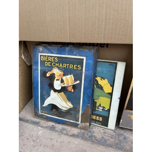 638 - Six boxes containing a large collection of assorted items to include framed advertising print, vinta... 