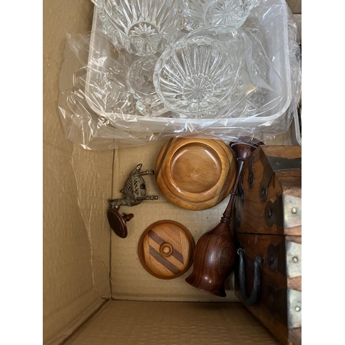 643 - A box and two bags containing assorted items to include sheesham wood storage box, treenware, pair o... 