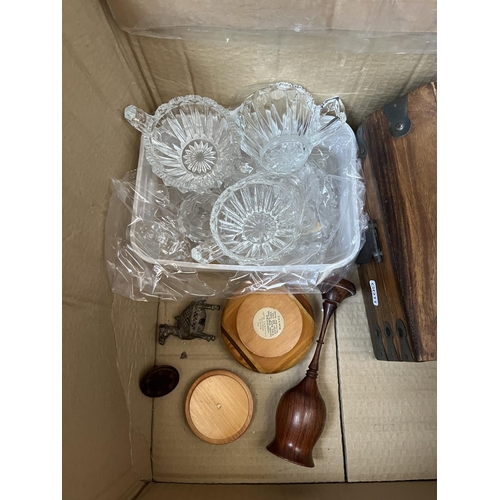 643 - A box and two bags containing assorted items to include sheesham wood storage box, treenware, pair o... 