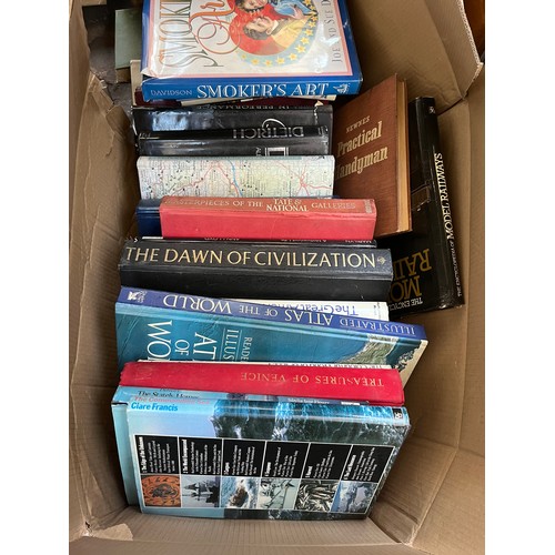 619 - Five boxes containing assorted books and ceramics to include Royal Norfolk dinner set, The Dawn of C... 