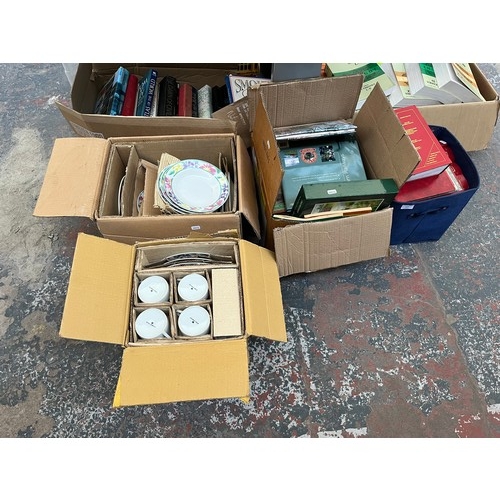 619 - Five boxes containing assorted books and ceramics to include Royal Norfolk dinner set, The Dawn of C... 