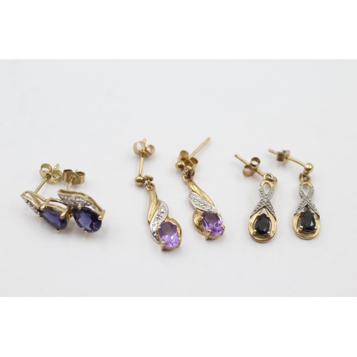 1041 - Three pairs of 9ct gold diamond and gemstone drop earrings, one amethyst and two sapphire - approx. ... 