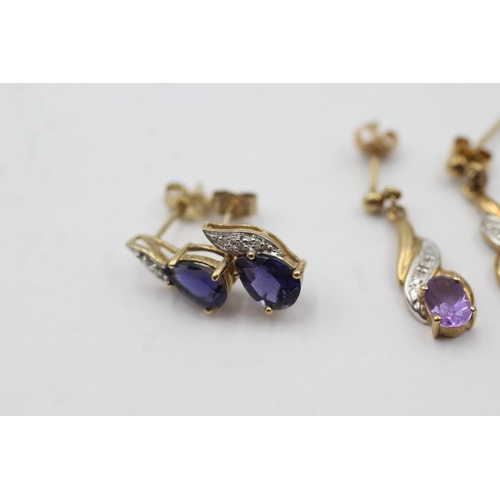 1041 - Three pairs of 9ct gold diamond and gemstone drop earrings, one amethyst and two sapphire - approx. ... 