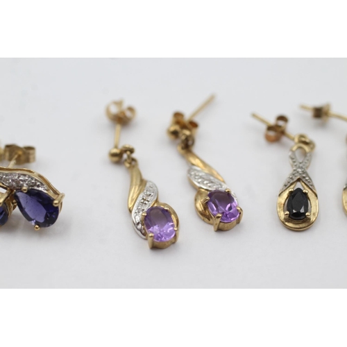 1041 - Three pairs of 9ct gold diamond and gemstone drop earrings, one amethyst and two sapphire - approx. ... 