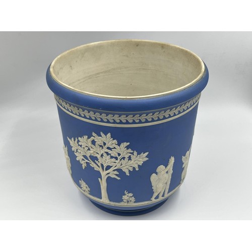 18 - An unstamped blue Jasperware planter with impressed letter 'C' - approx. 21cm high