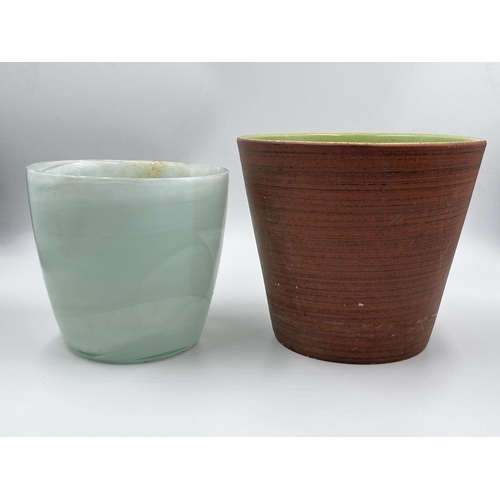 24 - Two mid 20th century planters comprising one green swirl glass and one West German Jasba Keramic 902... 