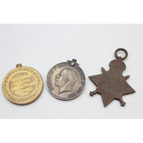 1088 - Three WWI medals, one 1914-15 Star presented to D.A5971 J. Cowie D.H.R.N., one War medal presented t... 