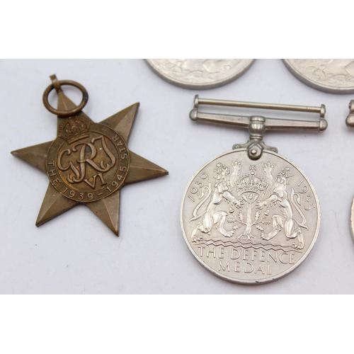 1094 - Six WWII medals, three War, two Defence and one 1939-45 Star