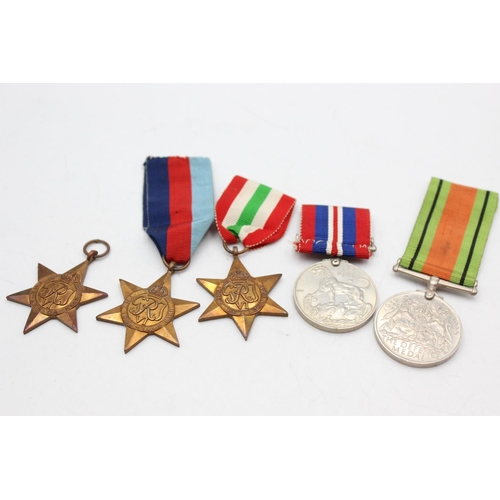 1101 - Five WWII medals, one Africa Star, one Italy Star, one 1939-45 Star, one War and one Defence