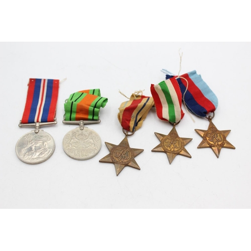 1102 - Five WWII medals, one Africa Star, one Italy Star, one 1939-45 Star, one War and one Defence