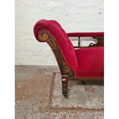 266 - A late Victorian oak and red upholstered chaise longue - approx. 70cm high x 58cm wide x 165cm long