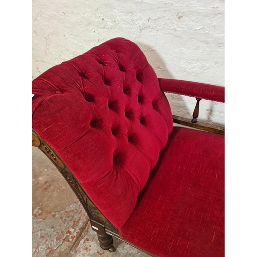 266 - A late Victorian oak and red upholstered chaise longue - approx. 70cm high x 58cm wide x 165cm long