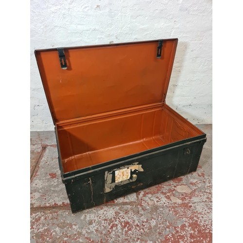 269 - A vintage green metal travel trunk - approx. 37cm high x 88cm wide x 50cm deep