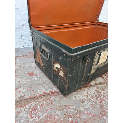 269 - A vintage green metal travel trunk - approx. 37cm high x 88cm wide x 50cm deep