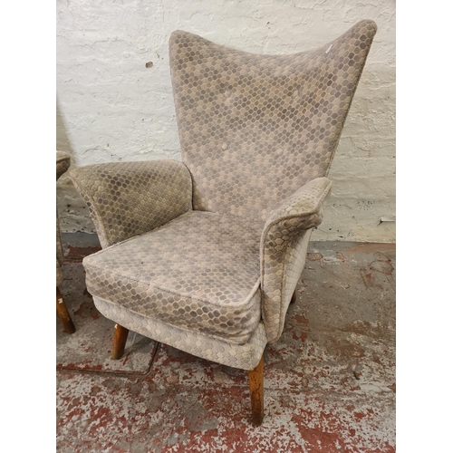 318 - A pair of mid 20th century grey upholstered and beech wing back armchairs - approx. 90cm high x 70cm... 