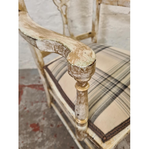 320 - An Edwardian white and gold painted armchair with later tartan upholstery and monogrammed 'G.B' - ap... 