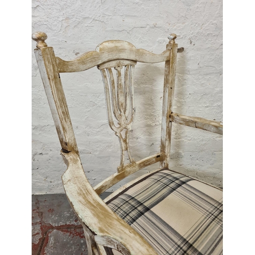 320 - An Edwardian white and gold painted armchair with later tartan upholstery and monogrammed 'G.B' - ap... 