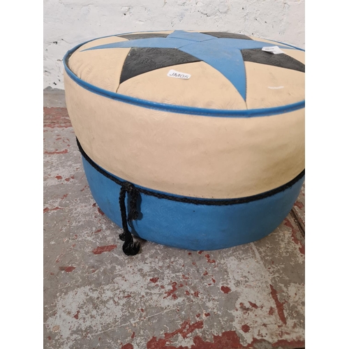 355 - A mid 20th century Rutland blue and white vinyl upholstered circular footstool