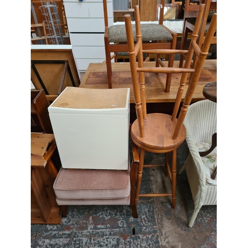 361 - Seventeen pieces of house clearance furniture to include oak bedside cabinet, Edwardian mahogany sid... 