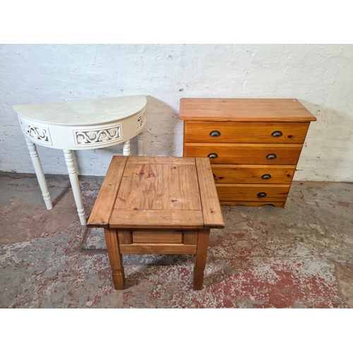 363 - Three pieces of furniture, Mexican pine side table, white painted half moon console table and pine c... 