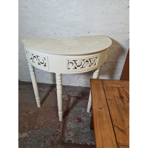 363 - Three pieces of furniture, Mexican pine side table, white painted half moon console table and pine c... 