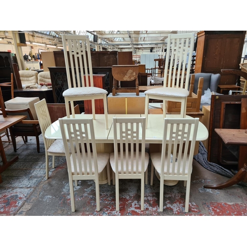 380 - A Beautility white acrylic and marble effect extending dining table and six matching chairs - approx... 