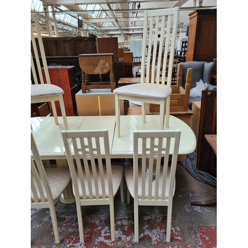 380 - A Beautility white acrylic and marble effect extending dining table and six matching chairs - approx... 