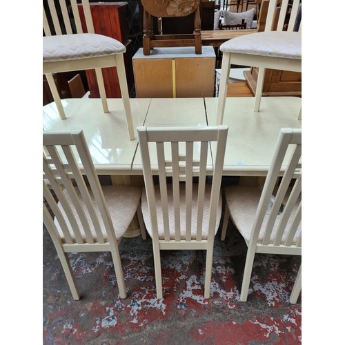 380 - A Beautility white acrylic and marble effect extending dining table and six matching chairs - approx... 