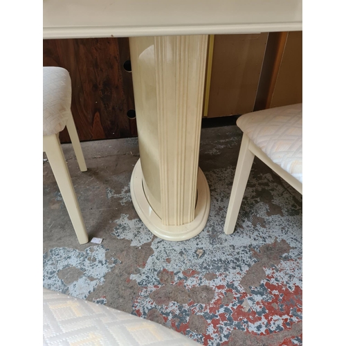 380 - A Beautility white acrylic and marble effect extending dining table and six matching chairs - approx... 