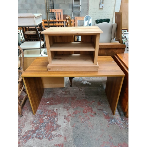 385 - Two pieces of furniture, pine TV stand - approx. 50cm high x 70cm wide x 44cm deep and teak effect o... 