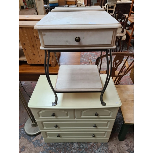 410 - Three pieces of furniture, Ducal white painted pine and wrought iron single drawer two tier side tab... 