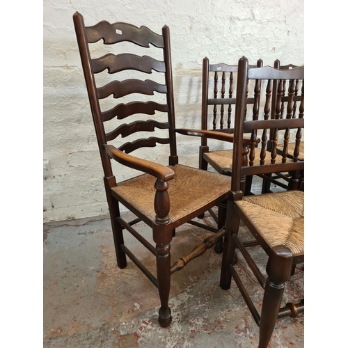 413 - Seven 19th century style oak and rush seated spindle back dining chairs