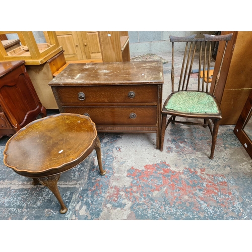 414 - Three pieces of furniture, Edwardian beech and green upholstered spindle back occasional chair, waln... 