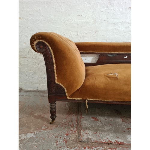 302 - A late Victorian mahogany and gold upholstered chaise longue - approx. 69cm high x 64cm wide x 172cm... 