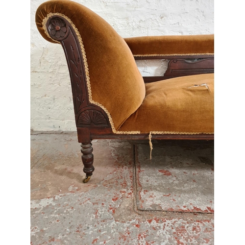 302 - A late Victorian mahogany and gold upholstered chaise longue - approx. 69cm high x 64cm wide x 172cm... 