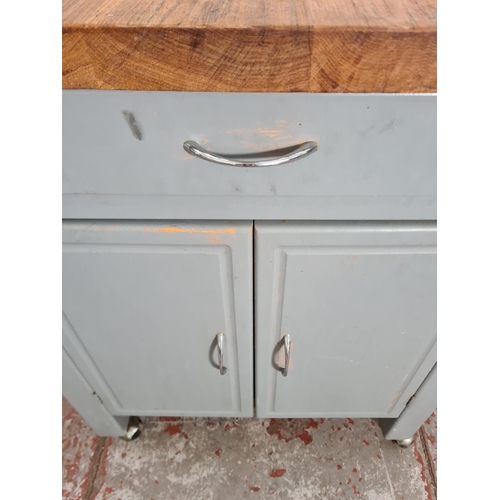 311 - A modern grey painted and oak kitchen trolley island - approx. 86cm high x 73cm wide x 50cm deep