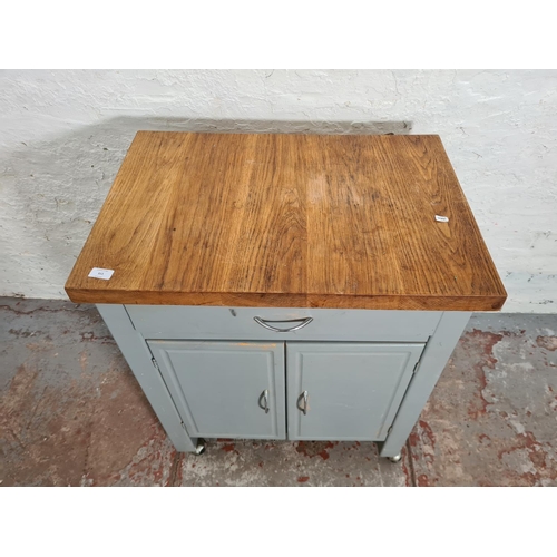 311 - A modern grey painted and oak kitchen trolley island - approx. 86cm high x 73cm wide x 50cm deep