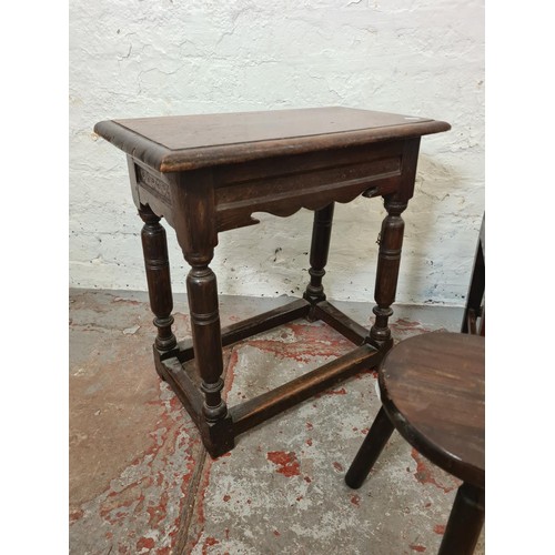 290 - Three pieces of oak occasional furniture, 17th century style rectangular joint side table - approx. ... 