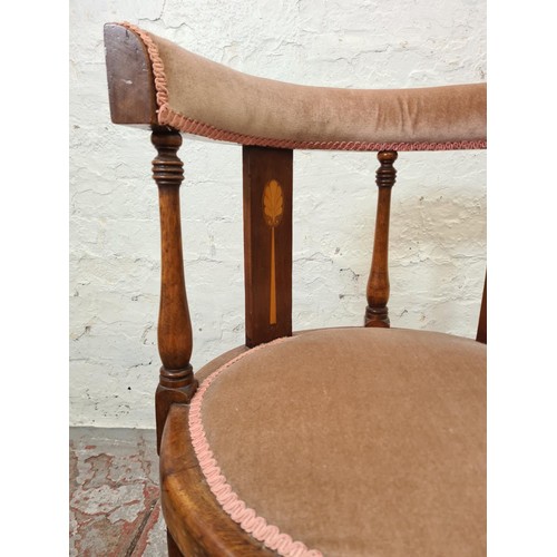 295 - An Edwardian inlaid mahogany and pink upholstered tub chair - approx. 74cm high x 51cm wide x 49cm d... 