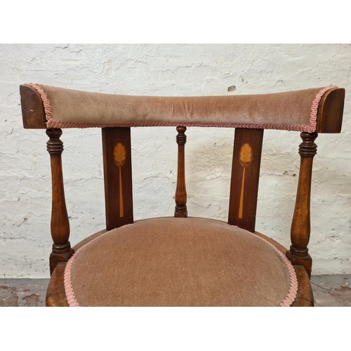 295 - An Edwardian inlaid mahogany and pink upholstered tub chair - approx. 74cm high x 51cm wide x 49cm d... 