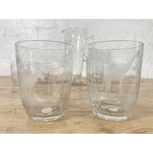30 - Six pieces of Rowland Ward Nairobi Kenya glassware comprising five tumblers and one jug
