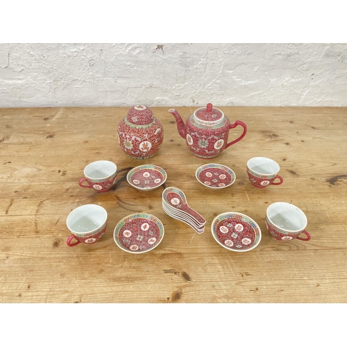 36 - A Chinese Mun Shou porcelain coffee and soup set comprising four cups, four saucers, six soup ladles... 