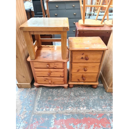 432 - Four pieces of furniture, two pine bedside chests of three drawers, one solid oak side table and one... 