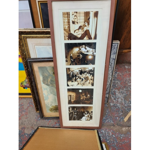 439 - A large collection of framed pictures to include Audrey Hepburn and Frank Sinatra photographs, Sturg... 